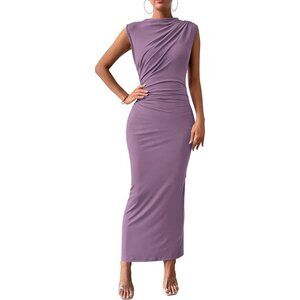 Women's Purple Ruched Bodycon Summer Casual Sleeveless Slit Elegant Maxi